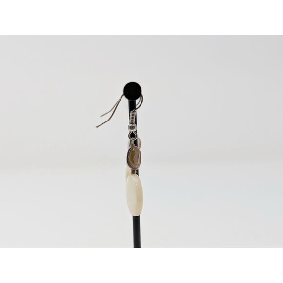 Silver Tone White Iridescent Bead Dangle Boho Pierced Earrings - Picture 4 of 6